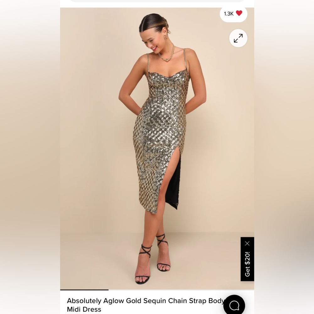 NWT Lulus Absolutely Aglow Gold Sequin Chain Strap Bodycon Midi Dress - Size M